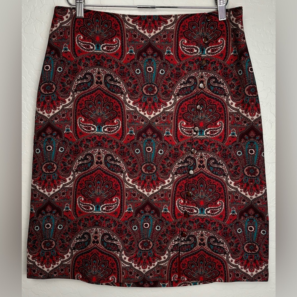 Talbots Red Blue Paisley Medallion Button Front Pencil Skirt Size 10‎ 0587